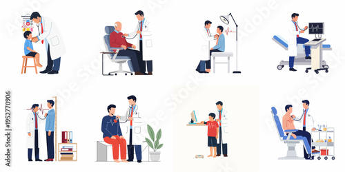 Vector illustration set of a doctor performing physical examinations and heart checkups on various male patients of different ages in a clinic.