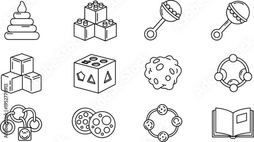 Baby toys and development icon set including blocks rattle cookies book stacking rings vector outline illustration minimalist isolated design
