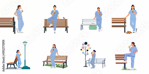 Flat illustration set of female nurses in blue scrubs taking a coffee break outdoors near park benches, relaxing during a work shift.
