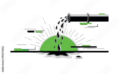 Black and white leaking pipeline with droplets falling downward, large neon green semicircle anchoring the lower area like a contaminated ground plane, thin
