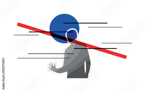 Black and white shadow of a person creeping projected onto a wall, oversized cobalt blue circle intersecting the shadow form, sharp red diagonal bar crossing