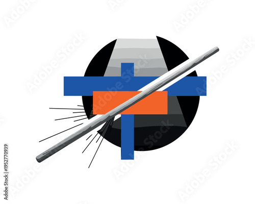 Black and white wooden stick placed diagonally across the composition, oversized abstract circle behind like a spotlight, bold cobalt blue and vivid orange