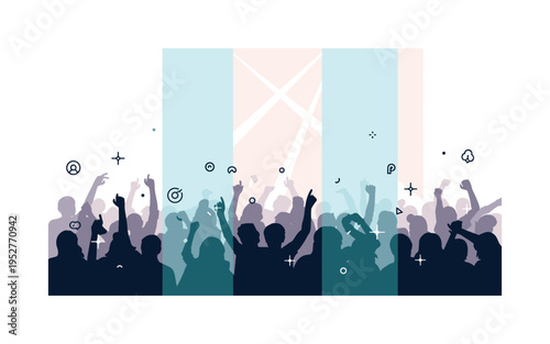 Crowded club dance scene built around overlapping silhouettes with layered light beams and subtle sparkle accents, conveying intensity, movement, and immersive