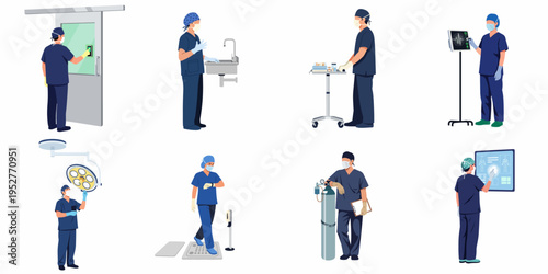 Flat vector illustration set of surgical team members performing various hospital procedures, including hand washing, preparing tools, and monitoring medical equipment.