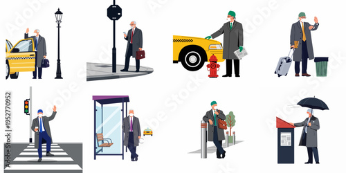 Set of vector illustrations featuring a senior businessman or doctor wearing a face mask in various urban commuting and travel scenarios.