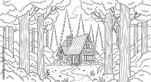 Cozy cabin nestled in a dense forest