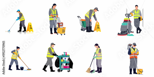 Collection of professional cleaning staff characters performing various janitorial tasks with specialized equipment in flat vector style.