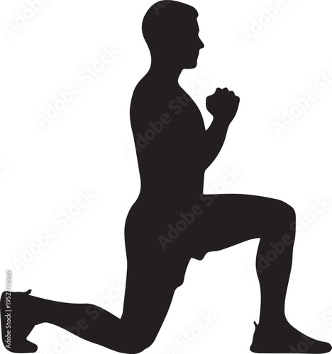 Male silhouette performing a lunge exercise, depicting fitness, strength training, and leg workout on a white background.