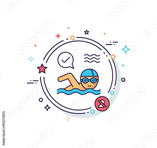 Safe swimming education theme depicted with a swimmer icon wearing goggles inside a circular badge shape, expressing confidence and learning. Small checkmark
