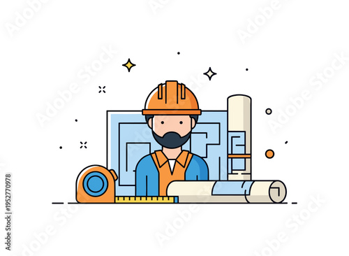 Builder with measuring tape and blueprint representing precision, planning, and structural expertise. Clean geometric forms and a tiny star accent emphasize