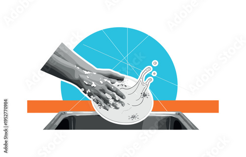 Black and white hands submerged in a sink washing a plate, bold turquoise blue circular backdrop behind the upper hands, bright orange horizontal bar grounding