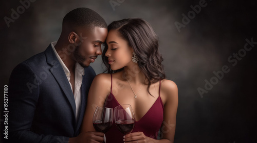 Romantic couple toasting with wine glasses in elegant attire  