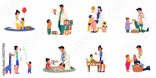 A collection of friendly pediatricians providing medical care and comfort to babies and young children using playful interaction and toys.