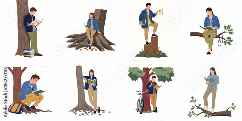 Set of flat vector illustrations featuring young men and women reading books outdoors in nature, leaning against trees and sitting on stumps.
