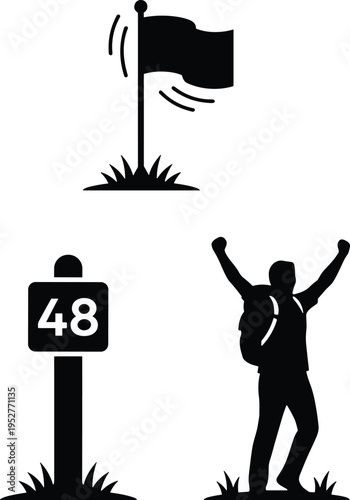 Silhouette icons of hiking achievement with flag, milestone marker number 48, and victorious backpacker standing on grass, symbolizing outdoor adventure, success, and personal goals