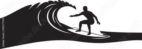 Black silhouette of a surfer riding a large ocean wave, an active and dynamic water sports vector illustration.