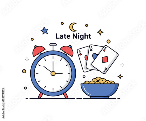 Late night board gaming concept shown through a simple clock icon paired with playing cards and a snack bowl to represent extended sessions and weekend