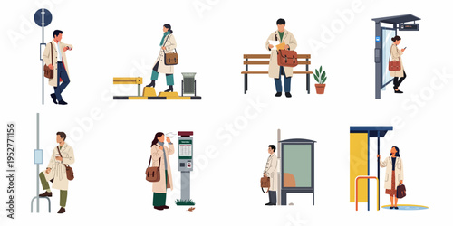 Set of flat vector illustrations of people in trench coats waiting at public transportation stops, bus shelters, and tram stations.