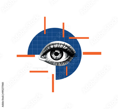 Black and white surreal eye floating among geometric forms, oversized deep blue semicircle behind the eye, orange rectangular accents arranged rhythmically,