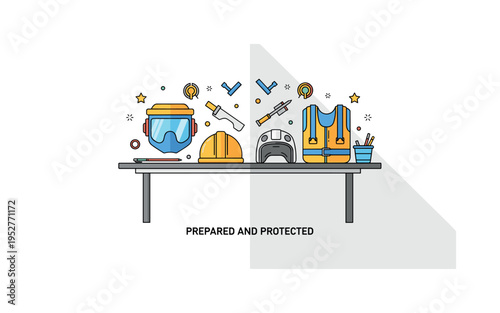 PPE gear laid out on table clean and organized workstation concept featuring protective equipment symmetrically positioned on a simple tabletop with light