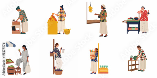 Collection of diverse women shopping for fresh organic fruits at a local marketplace, flat vector illustration set.