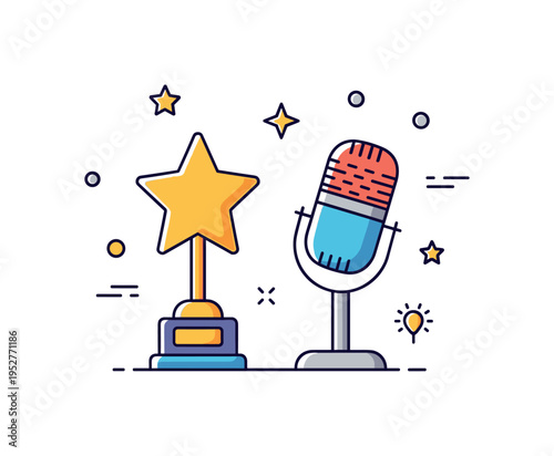 Pop culture icons simple star trophy and retro microphone combined into one balanced emblem. A playful concept illustration about fame, entertainment, and