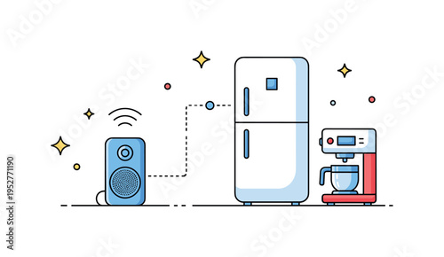 Smart kitchen with virtual assistant illustrated by a compact speaker placed beside a minimal fridge and coffee maker icons connected by subtle signal lines.