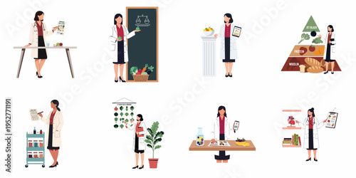 Set of Illustrations Featuring Female Nutritionists and Dietitians Promoting Healthy Eating Habits, Meal Planning, and Nutritional Education in Various Professional Settings