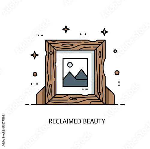Reclaimed wood picture frame scene featuring a rustic frame with a minimal photo silhouette inside, symbolizing warmth and sustainable craftsmanship. A short