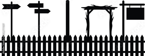 Silhouette illustration of directional signposts, rustic wooden archway, and picket fence design elements representing navigation, boundaries, and entryways in garden or outdoor landscape concept