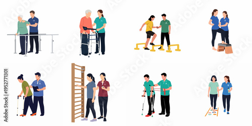 Collection of flat vector illustrations depicting patients of various ages undergoing physical therapy and rehabilitation exercises with professional therapists.