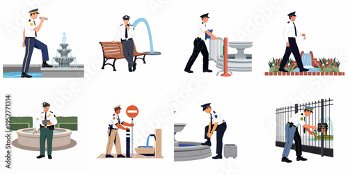 Set of illustrations showing security guards and police officers performing various duties in a public park with fountains and gardens.