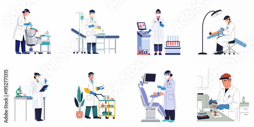 Set of medical laboratory professionals in PPE conducting blood tests, analysis, and diagnostic procedures in a clinical setting.