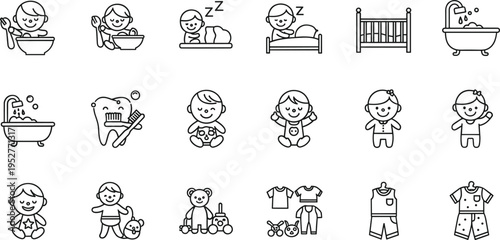 Baby daily routine icon set including bathing sleeping feeding playing clothing hygiene vector outline illustration minimalist isolated design collection