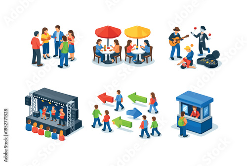 City gathering. Isometric flat vector icons set of city gathering: people meeting group, outdoor cafe tables, street performers area, public event stage, crowd