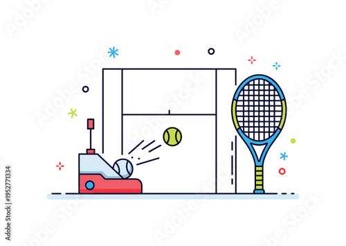 Tennis training session concept featuring a clean court outline with a single ball machine icon releasing one ball toward a simplified racket silhouette. The