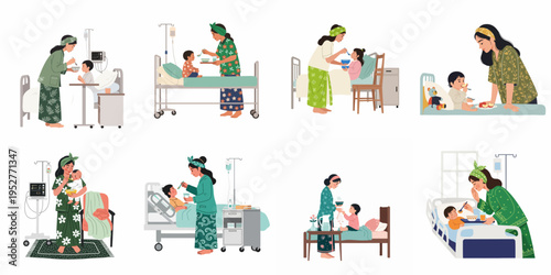 Set of illustrations depicting mothers caring for and feeding their sick children in a hospital setting, highlighting maternal love and pediatric healthcare.