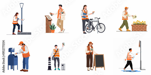 Illustrations of workers in safety vests distributing flyers, mail, and promotional materials in various urban scenarios, isolated on white background.