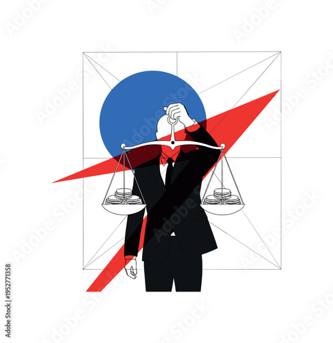 Black and white business figure holding a balanced scale with coins on both sides, bold blue sun circle behind upper body, red angular geometric accent