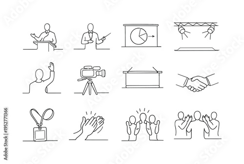 Corporate Leadership Presentation. Minimalistic set one-line drawing executive speaker silhouette, lectern stand, laser pointer, presentation slide with pie