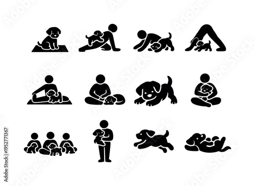 Puppy Yoga. Solid icon set of Puppy Yoga: puppy on yoga mat, puppy climbing person, puppy play during yoga, downward dog with puppy, seated stretch with puppy,