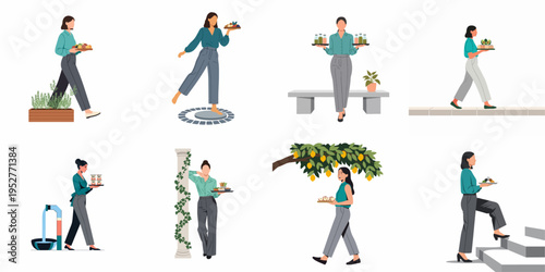 Set of minimalist flat vector illustrations featuring women carrying healthy food, drinks, and snacks in various indoor and outdoor settings.
