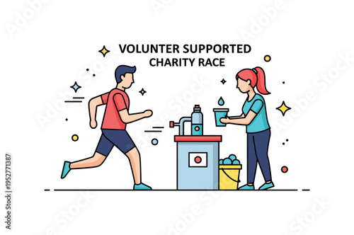 Volunteer supported charity race illustration depicting a runner passing a small water station with a helper offering a cup, symbolizing teamwork and community