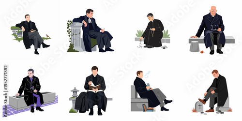 Collection of illustrations depicting a Catholic priest in various contemplative and everyday scenes, such as reading, praying, and reflecting in peaceful outdoor settings.