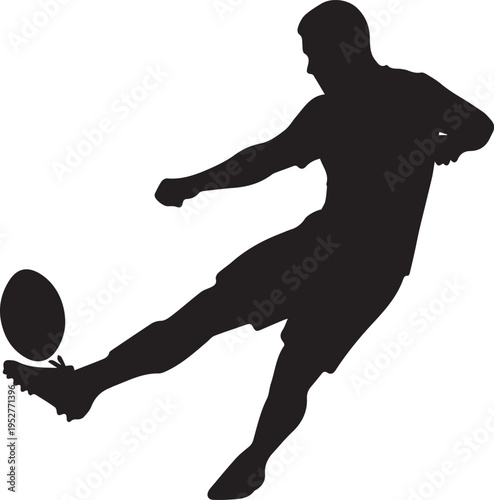 Dynamic silhouette of male athlete kicking an oval ball, representing rugby, American football, or Australian rules football action.