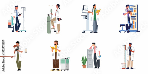 Collection of Flat Illustrations Depicting Diverse Medical Professionals in Various Hospital and Clinic Settings with Medical Equipment and Documentation