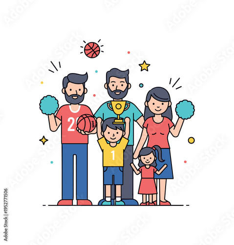Sports victory in the family child figure holding a small trophy while family members stand proudly nearby with subtle cheer accents, expressing encouragement