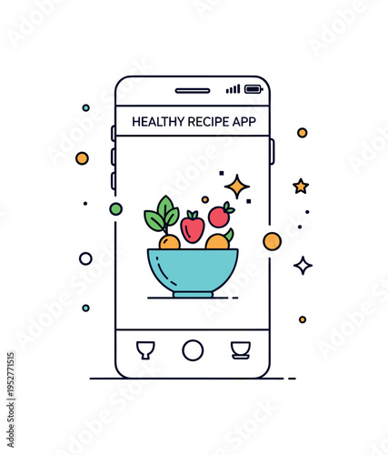 Healthy recipe discovery app illustrated by a mobile screen showing a simple bowl with colorful ingredients and a small sparkle accent, symbolizing inspiration