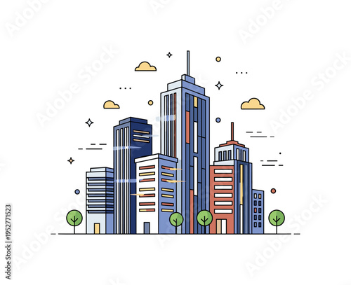 Vibrant city life skyline centered on simplified high rise buildings with glowing window accents and subtle motion lines, expressing energy, ambition, and