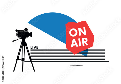 Black and white camera tripod silhouette with red ?ON AIR? abstract block floating nearby, large blue semicircle intersecting upper half, thin horizontal lines